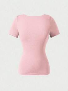 Blusa de manga corta y cuello redondo casual y elegante, adecuada para uso diario, ir al trabajo y salir, color negro para primavera/verano - Rosa - Ver 7