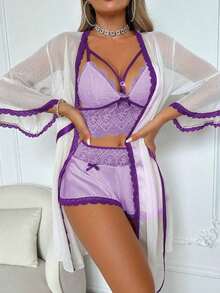 PetitDoll 3pcs/Set Women Lace Contrast Color Sleepwear Set - Màu tím - Xem 8