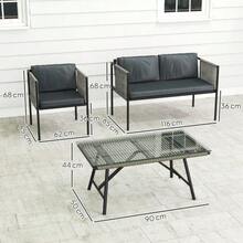 4-Piece Garden Furniture Set: 1 Sofa, 2 Armchairs, 1 Table With Glass Top, Cushions, Steel Frame, Synthetic Rattan, Grey Color. - Grey - View 3
