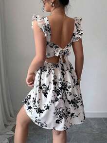 Vestido de estilo bohemio con estampado floral y mangas cortas para vacaciones y atuendo de playa - Rojo - Ver 11