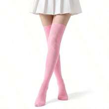 Pink Thigh High Socks For Women Soft Stretchy Cable Knit Over Knee Boot Socks Long Casual Daily Wear Cosplay Stockings - 如圖所示 - 查看 8