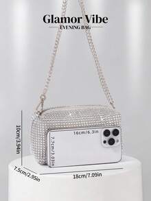 Sparkling Allover Rhinestone Silver Evening Bag, Shiny Sequin Square Crossbody Bag With Detachable Chain, Suitable For Wedding, Cocktail Party, Prom, Beach, Banquet - Silver - View 4