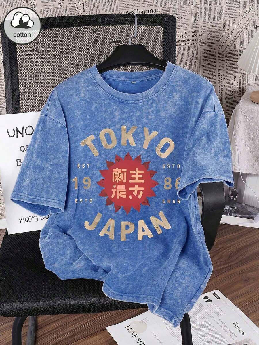 加大码女式纯棉东京字母图案T恤，藏蓝色，修身圆领短袖水洗T恤，街头休闲夏季款