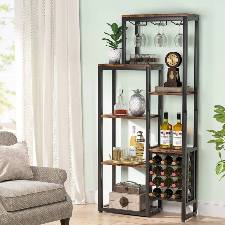 LITTLE TREE Wine Rack 5-Tier With Glass Holder, Industrial Rustic Brown Floor Standing Shelf, Bar Cabinet For Kitchen Dining Room - 查看 1