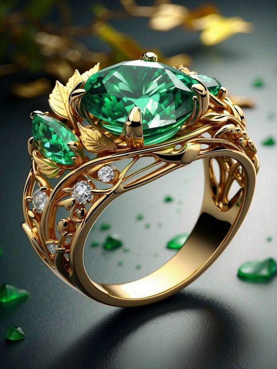 1pc Popular Women's Fashion Elegant Luxury Personalized Green Zirconia Ring, Wedding Engagement Party Jewelry Gift - Gold - View 1
