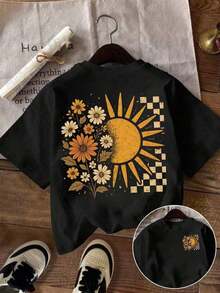DrmWander Elegante Camiseta Negra de Manga Corta para Mujer con Cuello Redondo y Diseño Único de Sol Floral. Camiseta Casual Negra de Manga Corta con Estampado Gráfico de Sol y Flores, Corte Regular para Mujer. - Negro - Ver 6