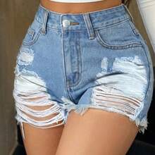 High Waist Distressed Denim Shorts, Street Style, Large Ripped Design, Essential Summer Outfit For Fashionable Women Casual - Blue - View 5