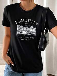Women's T-Shirt With A Rome, Italy Silhouette Print, Crew Neck, Short Sleeves - ROME ITALY, THE ETERNAL CITY, FOUNDED IN 753 BC - Casual Graphic Tee For Women - 黑色 - 查看 2