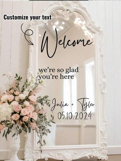 Autocollant de décoration de miroir de mariage personnalisé, convient pour la salle de douche, la fête, l'événement, le panneau d'accueil personnalisé, la décoration de miroir, la zone de réception, l'anniversaire, le cadeau de remise des diplômes, multifonctionnel, ajustable, anti-moisissure, décoratif, adhésif, mignon, à la mode, raffiné, coloré, personnalisé, unique, cadeau idéal pour lui, cadeau idéal pour elle, petite amie, petit ami, papa, maman, famille, plafond de fête
