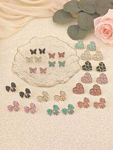 Retro Sweet Heart Black Gold Stitching Texture Stud Earrings, Minimalist Luxury Temperament Ear Jewelry For Women,Summer Beach Jewelry Fancy Stainless Steel Jewelry Set, Great For Glamorous,Holiday,Wedding,Daily,Music Festival,Beach Vacation. Perfect For Valentines Day, Birthday, Mother Day Gift - Multicolor - View 7