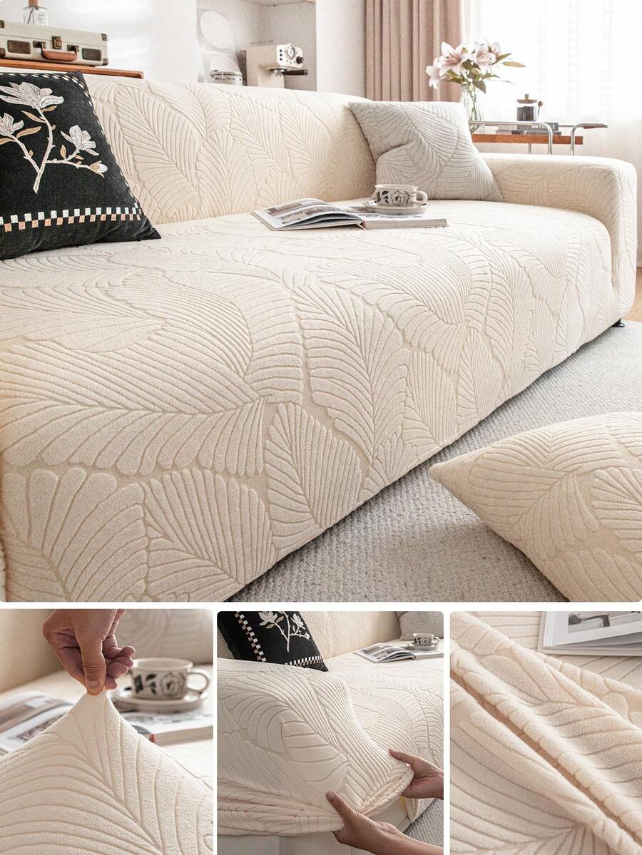 1pc Solid Color Plush Stretch Full Coverage Sofa Cover, Pet Friendly For All Seasons, Machine Washable, Tie Cord Fixation, Holiday Decor Indoor Home Protection, Fits 1/2/3/4 Seater Sofa - Beige - View 1