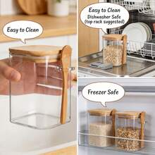 4-Pack Glass Canisters With Bamboo Lids, 800ml/1L Airtight Square Jars With Spoons, Stackable Clear Kitchen Containers For Coffee, Sugar, Tea, Spices, Dry Goods, Minimalist Pantry Countertop Organizer - View 9