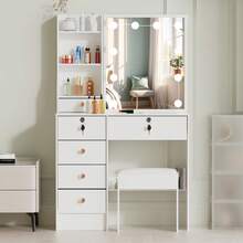 Vanity Desk With Sliding Mirror And LED Lights, 3 Color Lighting Modes & Brightness Adjustable Makeup Vanity Set With Stool, Drawers And Open Shelves, Modern Dressing Table For Bedroom & Bathroom - White - View 3