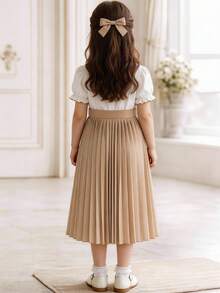 Girls' French Academy Style Dress, White Ruffle Collar + Khaki Pleated Patchwork Long Skirt With Waist Bow, Elegant Outing Dress - White - View 2