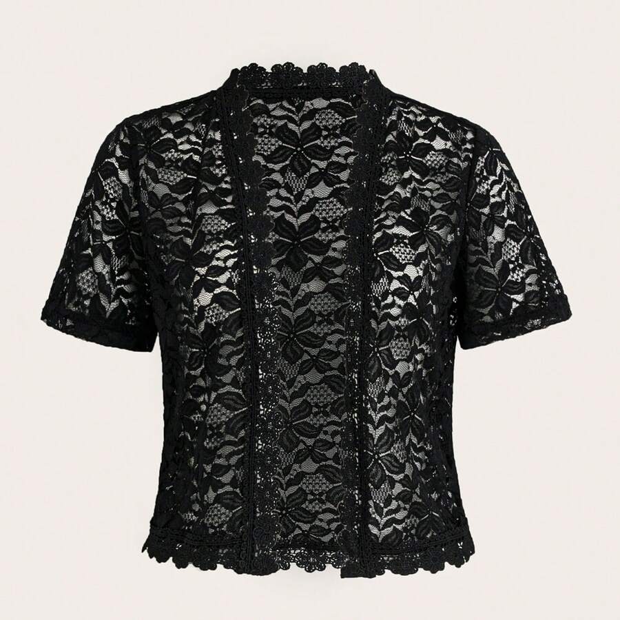 Women's Solid Color Semi-Transparent Sexy Embroidered Hollow Lace Thin Cardigan - Black - View 1
