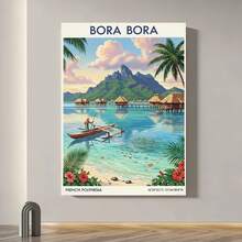 Enmarcado Lienzo impreso  de varios tamaños, Paraíso de Bora Bora – Azul y verde, rosa y beige _ Arte de viaje vintage – Decoración de la Polinesia Francesa para la sala de estar, plano 2D, perfecto para la decoración de la habitación. - Enmarcado - Ver 2