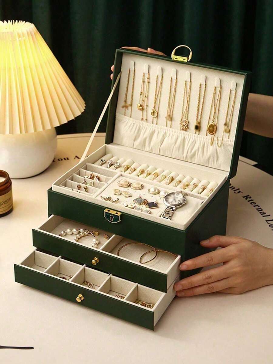 1pc 3-Layer Luxury Large Capacity Jewelry Box, High-Quality PU Leather With Lock, Jewelry Storage And Organizer Container, Suitable For Storing Necklaces, Earrings, Rings, Bracelets, Watches, Etc., Holiday Gift.