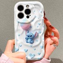 Disney Lilo & Stitch Cute Cartoon Phone Case, Sweet Stitch Holding Rainbow Balloon With Heart-Shaped Decor Pattern, Cream White Wavy Texture Soft Shockproof Anti-Scratch Protective Cover, Compatible With IPhone 17, 16, 15, 14, 13, 12, 11 Pro Series. Ideal Thoughtful Gift For Family, Friends, Birthday Celebrations, Holiday Presents And All Special Daily Occasions. - 白色 - 查看 5