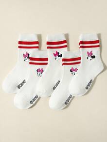 Disney 5 Pairs Kids/Girls' Spring/Summer Sports Socks/School Socks/Ankle Socks, Cute Cartoon Patterns Like Double Stripes, Mickey Mouse, Bow Decor, Fashionable Soft Breathable Moisture-Wicking Socks, Suitable For Back To School, Campus, Sports, Class, New Semester, Students - Multicolor - View 7