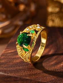 1pc Popular Women's Fashion Elegant Luxury Personalized Green Zirconia Ring, Wedding Engagement Party Jewelry Gift - Gold - View 7