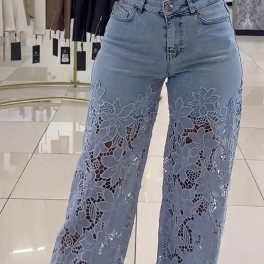 Boho-Inspired High-Waist Wide-Leg Jeans With Intricate Lace Cutouts, Silky Draped Texture, And A Slimming Silhouette – Ideal For Beach Getaways, Gala Nights, Or Laid-Back Graceful Days Mother Day Dress - Xanh nhạt - Xem 1