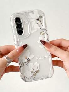 1 pieza Funda de teléfono de textura suave de TPU con ondas de dopamina y volantes de color crema con un patrón único de flor blanca, compatible con Galaxy S21 S22 S23 S24 S25 S26/Honor/ y otros modelos - transparente - Ver 2