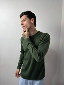 Men's Knitted Wool Sweater, Ribbed, Round Neck - Army Green - View 3