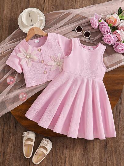 Summer New Cute Flower Decor Single-Breasted Short Sleeve Jacket + Pink Sleeveless Round Neck Girls Dress 2pcs Set, Casual Elegant Fashion Outfit For Young Girls, Suitable For Party, Performance, Wedding, Holiday, Daily Wear, Gift