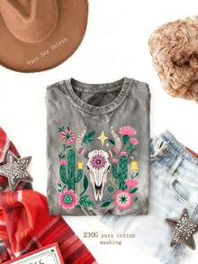 Women's Casual Cow Skull & Cactus Print Short Sleeve T-Shirt, Round Neck Polyester Top For A Boho Summer Style - 深灰色 - 查看 12