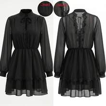 Vestido corto de verano de unicolor, elegante, con volantes en el bajo, para uso casual, citas o vacaciones - Negro - Ver 6
