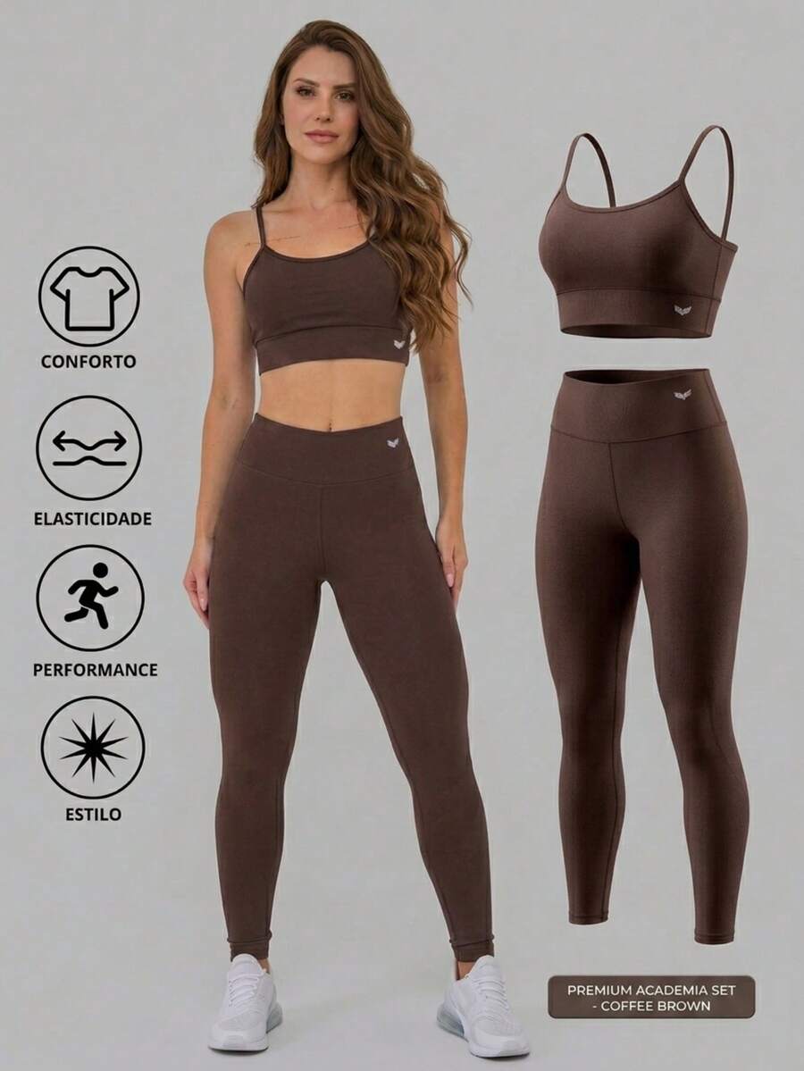 Women's Gym Set Top With Padded Bra + Gym Leggings For Training/Gym Premium Fabric - Virginia Set - Kopi Coklat - View 1
