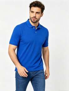 Men's Basic Short-Sleeve Polo Shirt, Breathable Cotton, Casual, Stylish, Various Colors - 藍色 - 查看 1