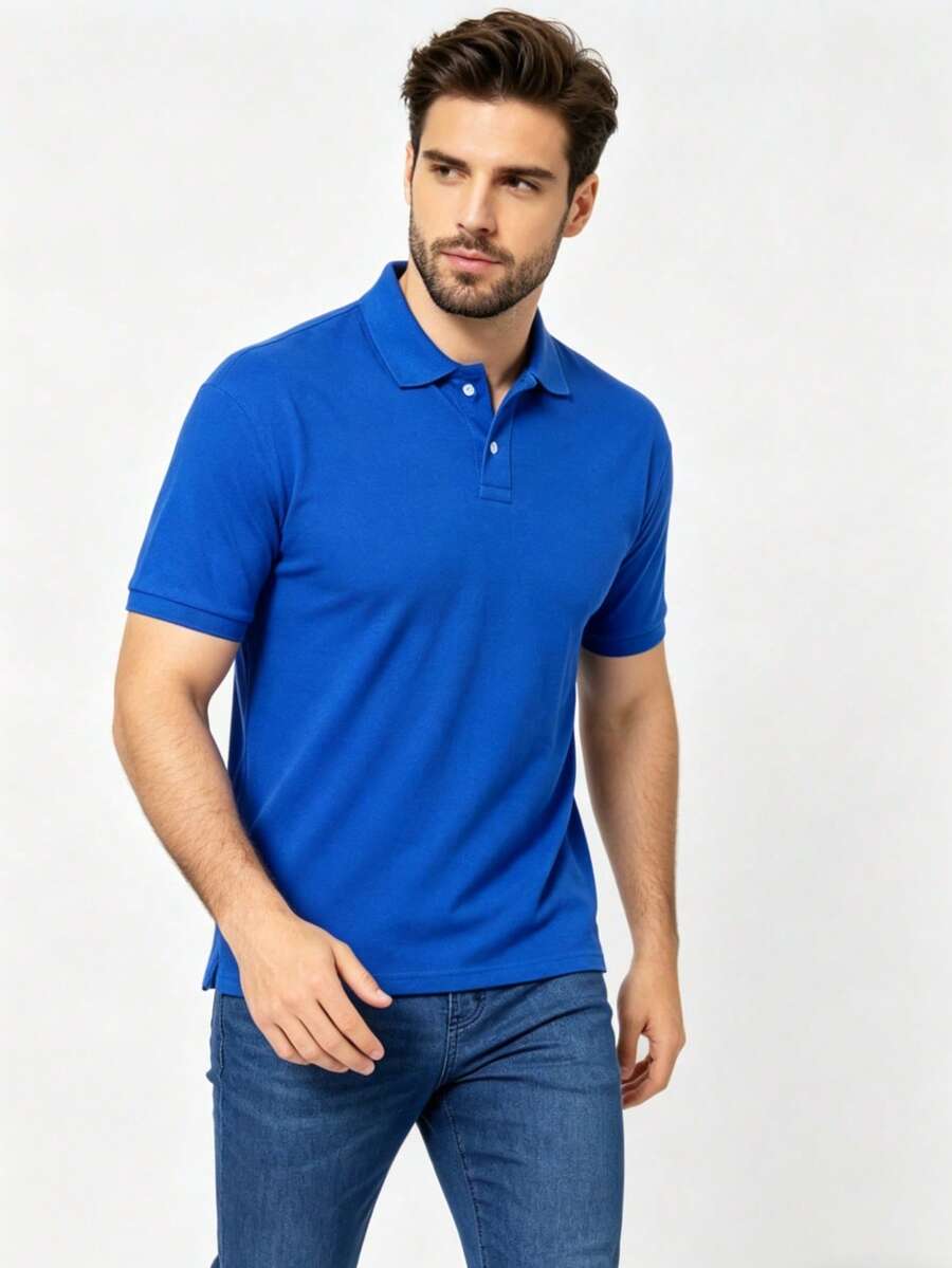 Men's Basic Short-Sleeve Polo Shirt, Breathable Cotton, Casual, Stylish, Various Colors - 藍色 - 查看 1