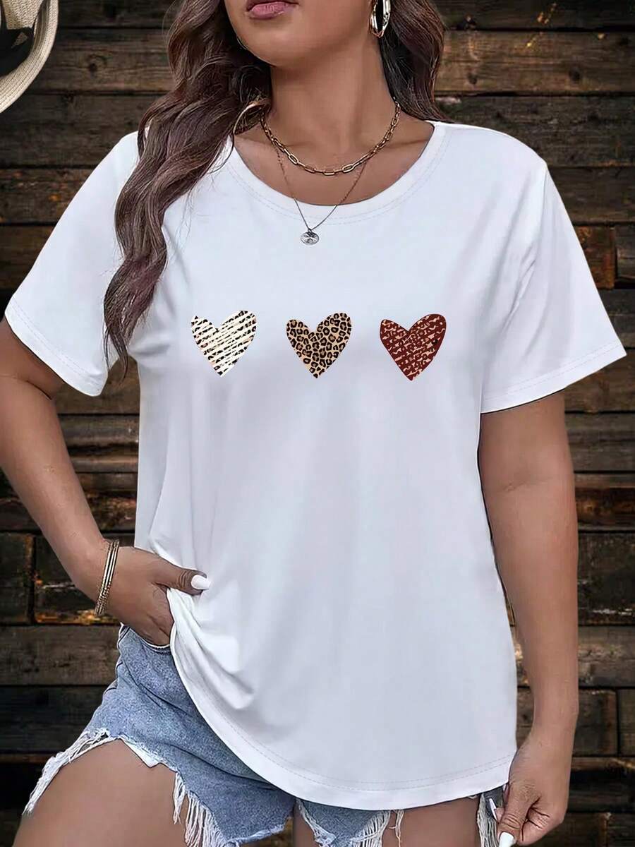 , 3 Corazón Impresión Estilo Europeo y Americano  Moda Cuello Redondo Camiseta de manga cortullover de mujer