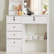 Vanity Desk With Sliding Mirror And LED Lights, 3 Color Lighting Modes & Brightness Adjustable Makeup Vanity Set With Stool, Drawers And Open Shelves, Modern Dressing Table For Bedroom & Bathroom - White - View 6