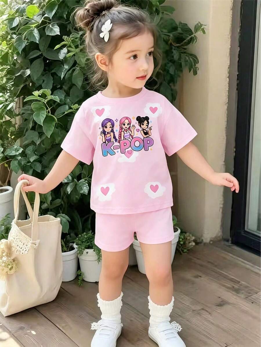 3D数码印花甜美女童套装,女婴休闲短袖T恤短裤套装,可爱婴幼儿日常及户外运动服装,送给宝宝的完美礼物 - 粉色 - 查看 1