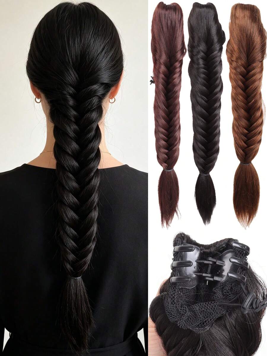 Brown Black 40cm Fishbone Braid Ponytail Extension Synthetic Wig Clip-On Drawstring Fishbone Ponytail For Daily & Cosplay Use