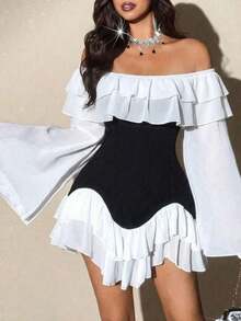 Vestido mini de manga larga con volantes y mangas acampanadas, de talla grande, elegante, romántico y sexy, con parches en blanco y negro, de gasa fluida y con hombros descubiertos, para primavera/otoño - Blanco y Negro - Ver 5