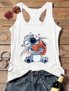 Disney Genuine License One Y2K Fashion Sleeveless Tank Vest T-Shirt With Stitch Print From Star Cool Summer T-Shirt, Sleeveless Tank Vest T-Shirt Crew Neck Casual Top, Spring And Summer, Women's Wear, Multi-Size And Multi-Color Options - 白色 - 查看 1
