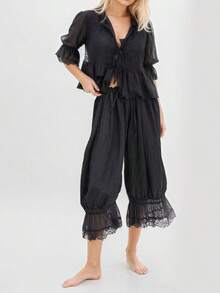 Women Y2K Half Slip Under Dress Pettipants Mid Rise Lace Patchwork Bloomers Trousers Ruffle Pantaloons Cropped Flared Pants Cute Pumpkin Long Pants - 黑色 - 查看 2