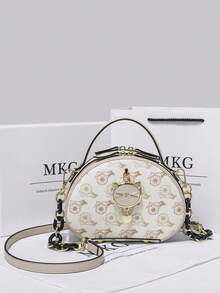 Bolso redondo de cuero genuino de alta gama para mujer, novedad de verano 2026, bolso de hombro y bandolera versátil y elegante para mujer. - Estampado floral blanco roto - Ver 3