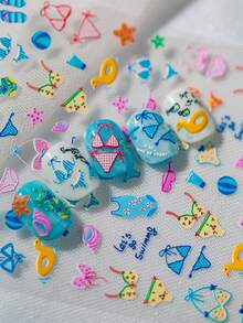 6D Embossed Summer Nail Art Stickers, Includes Colorful Bikini, Swimming Ring, Starfish, Swimsuit And "It's Swimming/It's Summer" Cute English Slogan, Fresh And Vibrant Colors, Suitable For Beach Vacation, Summer Party, Casual Outfit, Nail DIY, Suitable For Sweet Girls, Students, Moms, Nail DIY Beginners, Summer Lovers - Multicolor - View 5