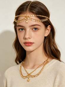 1 peça Elegante Corrente de Cabelo Vintage com Lantejoulas - Ideal para Festas e Festivais, Acessório de Cabelo Metálico para Meninas, Quantidade Aleatória de Correntes de Cabelo com Discos Redondos, Joias para Cabelo, Estilo Y2K, Casamento - Multicolorido - Ver 3
