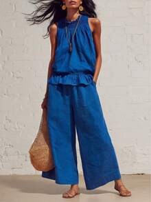 2026 Womens Multi-Color Linen-Blend 2-Piece Set Smocked Neckline Sleeveless Top & Wide Leg Pants Vacation Co-Ord - 藍色 - 查看 1