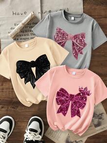 3 Stücke/Set Teenager Mädchen Rundhals Kurzarm T-Shirts, verschiedene Farben mit Schleifen Muster, einfaches lässig T-Shirt Set - Verschiedenfarbig - Übersicht 1