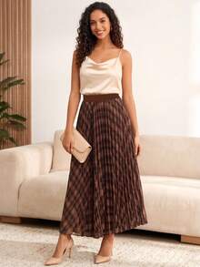Women's Retro Plaid Mesh Casual Elegant High Waist A-Line Skirt Spring - Chocolate Brown - View 3