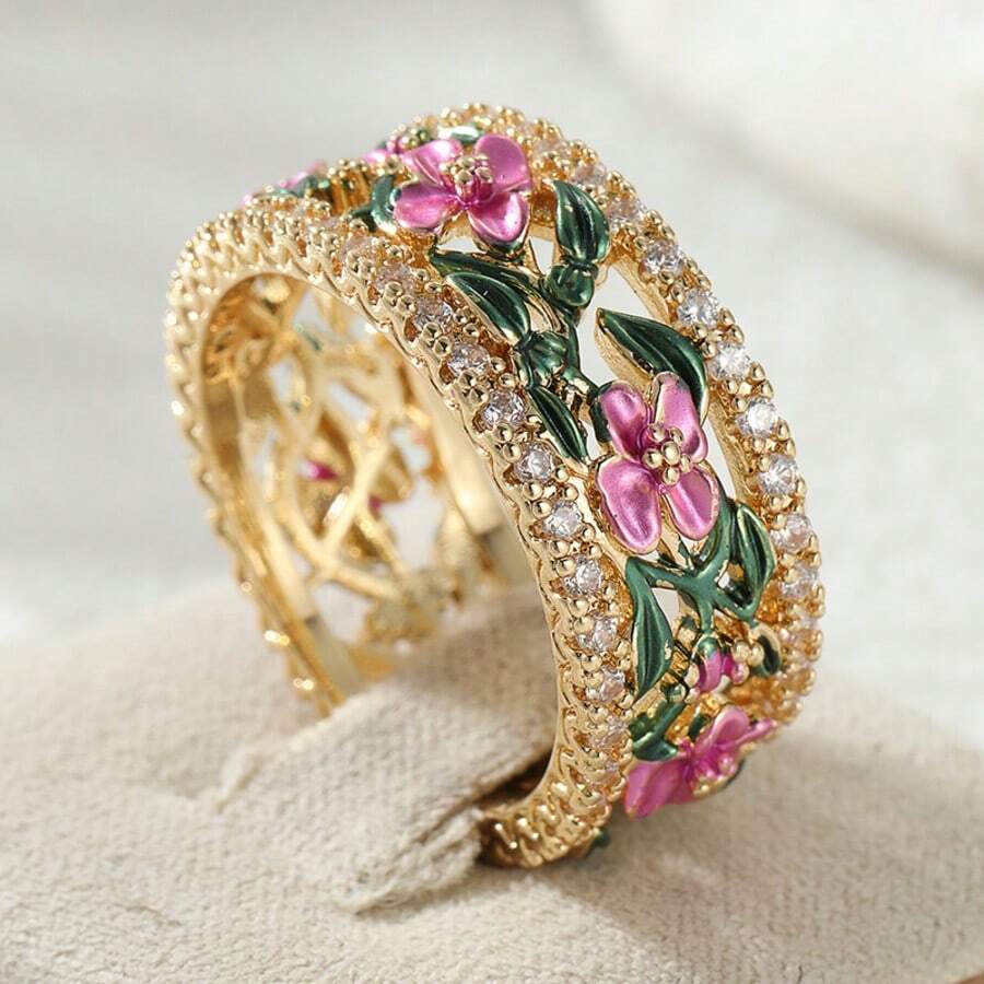 Women's Bohemian Rings, Hollow Colorful Flower Design, Synthetic Cubic Zirconia, Suitable For Party, Vacation And Daily Wear - Gold - View 1