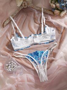 Sexy Lingerie: Romantic Blue Floral Embroidered Lace Bra Set. Alluring Sheer Mesh Bra Set - Blue - View 2