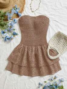 Vestido elegante de estilo de vacaciones con pliegues, sin mangas, tubo, cintura ceñida, hueco, bordado y volantes en el bajo en color azul marino - Camel - Ver 1