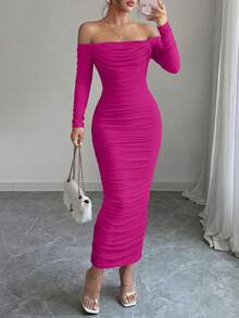 PRETTYGARDEN Womens  Fall Long Sleeve Maxi Dress Off Shoulder Mesh Ruched Bodycon  Long Wedding Guest Christmas New Years Valentine Vacation Dresses For Women Elegant - 玫紅色 - 查看 1